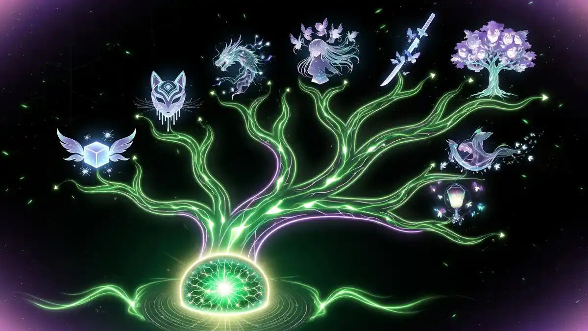 Abstract visualization of AI model lineage and evolution