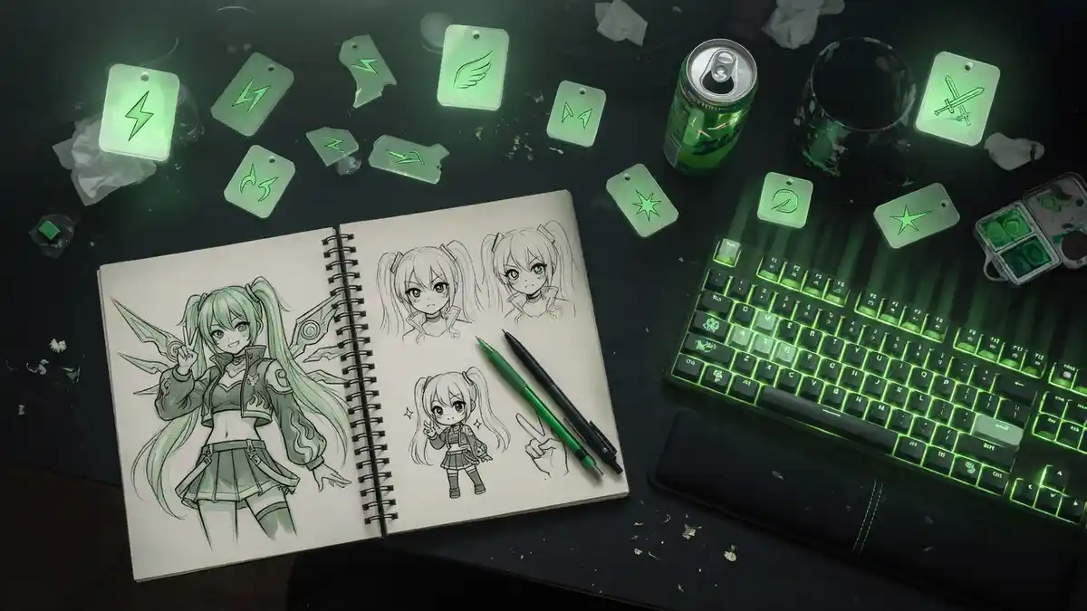 Anime artist desk with sketches and glowing creative tools